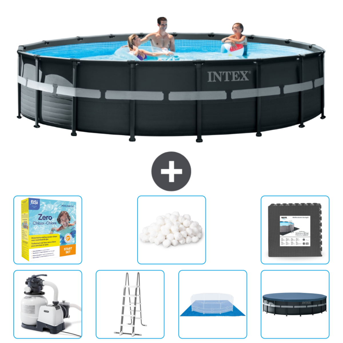 Des personnes dans une piscine gris foncé, plus des accessoires comme des produits chimiques, une pompe et une échelle.