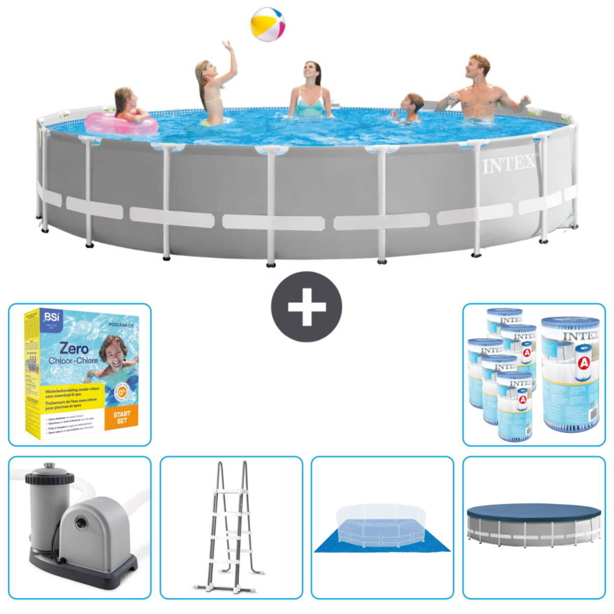Des gens dans une piscine Intex grise. Accessoires: produits chimiques, échelle, filtre, bâche et tapis mousse.