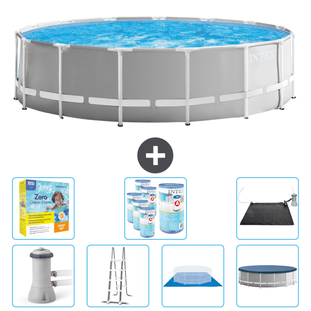 Une piscine avec accessoires. Les gens jouent dans la piscine. Filtre, produits chimiques, échelle, outils de nettoyage et couverture sont montrés.