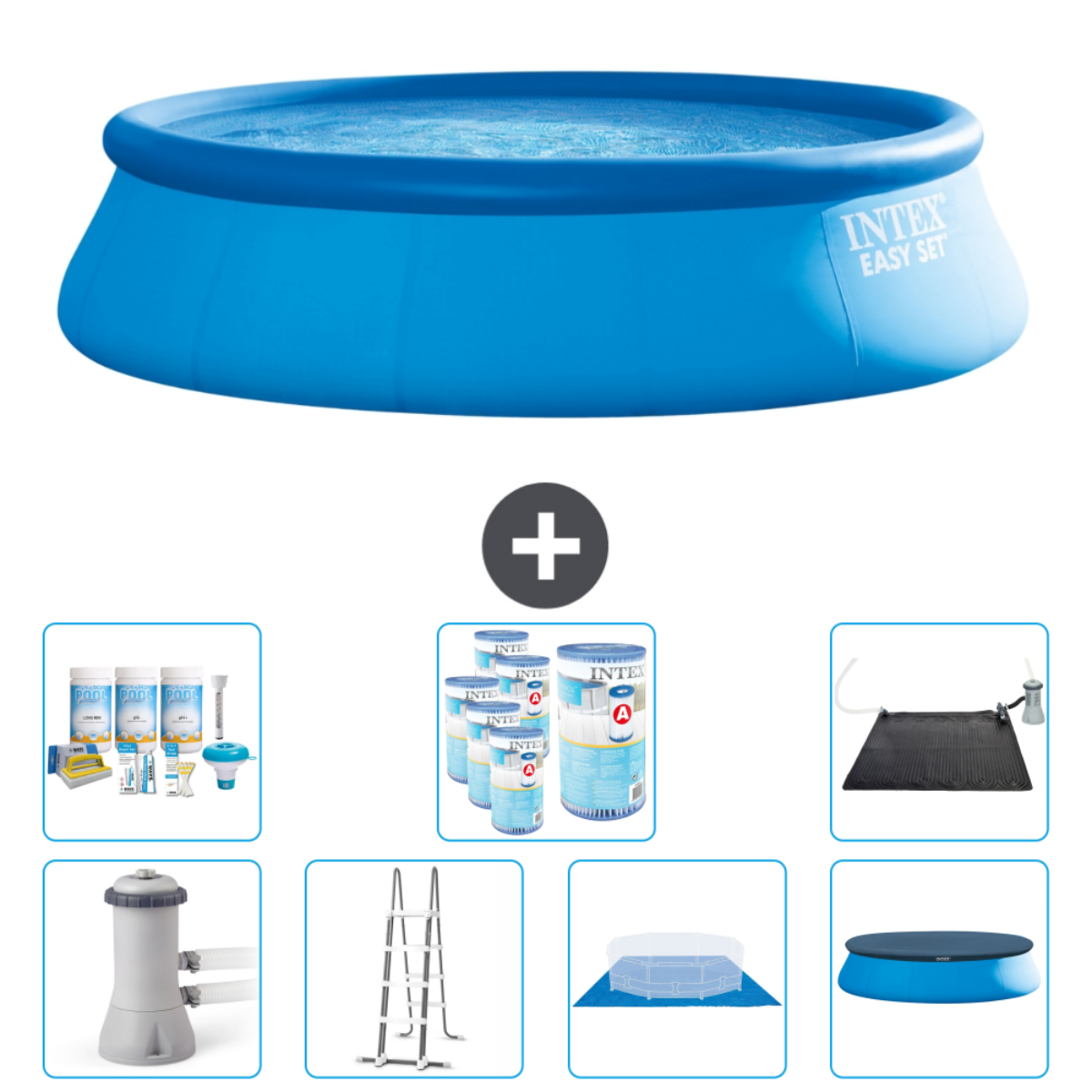 Piscine Intex bleue avec accessoires: produits chimiques, filtre, échelle, couverture et tapis solaire.