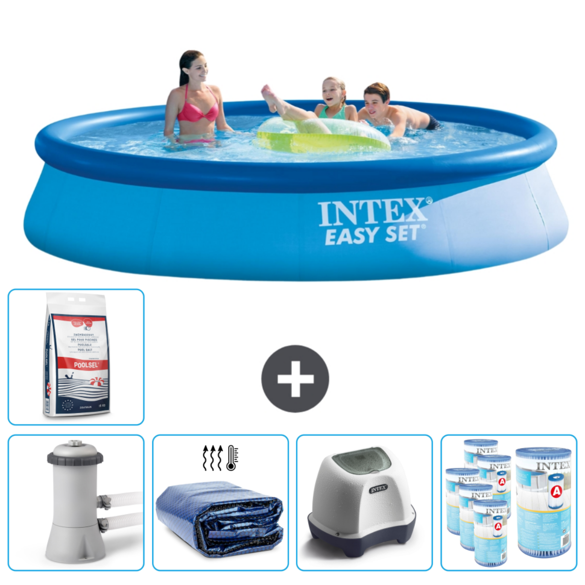 Piscine Intex Easy Set bleue avec personnes, accessoires. Inclut : produits chimiques, filtre, couverture et accessoires.