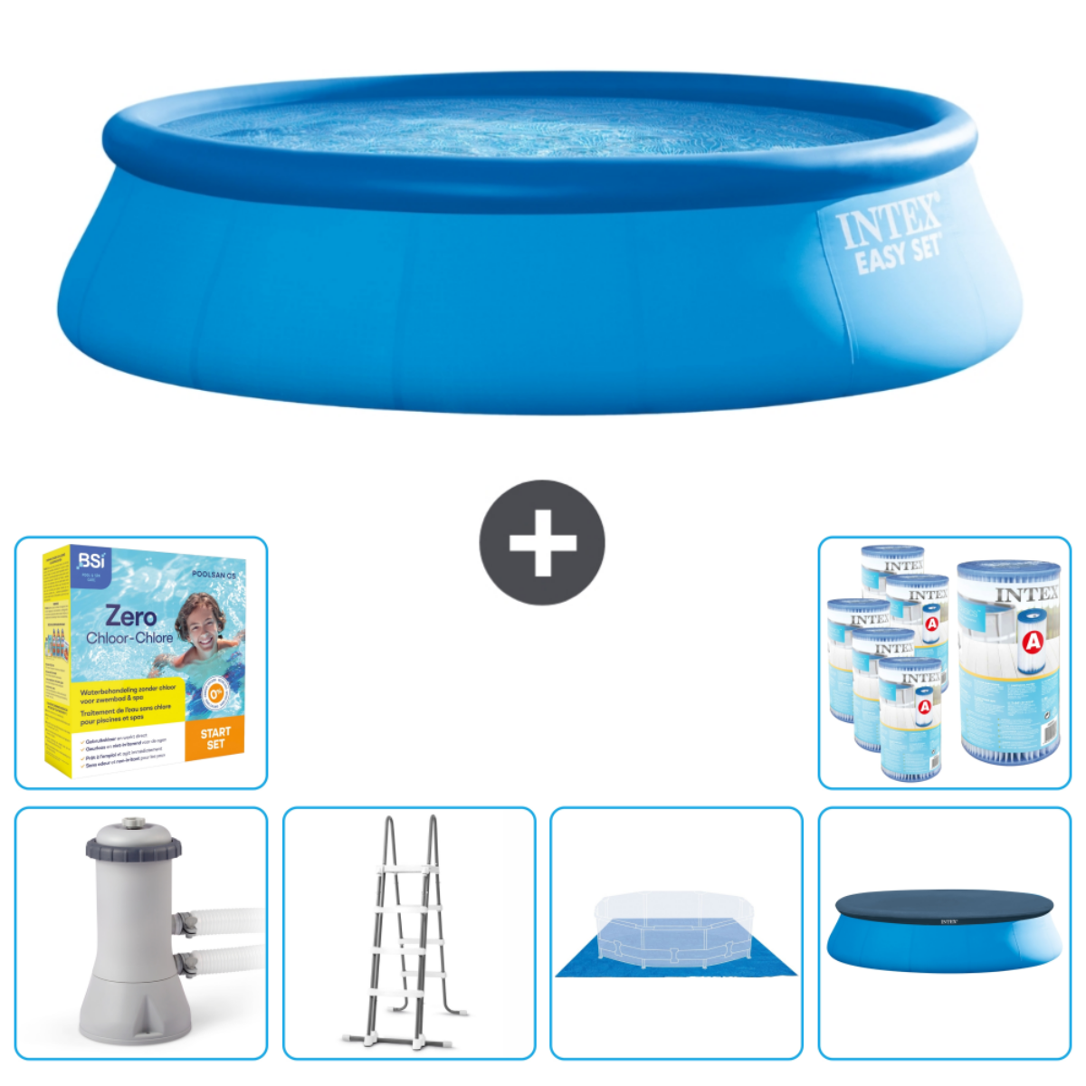 Piscine bleue Intex avec accessoires comme un filtre, des produits chimiques et une échelle. Vide.