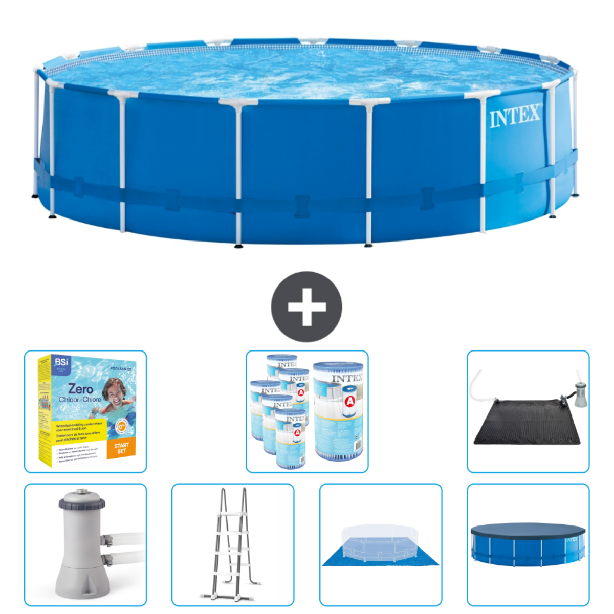 Blauw rond zwembad met accessoires. Inclusief chemicaliën, pomp, ladder en afdekking.