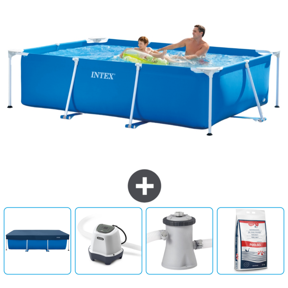 Family in an Intex pool with accessories. Includes chemicals, pump, filter, and mats.