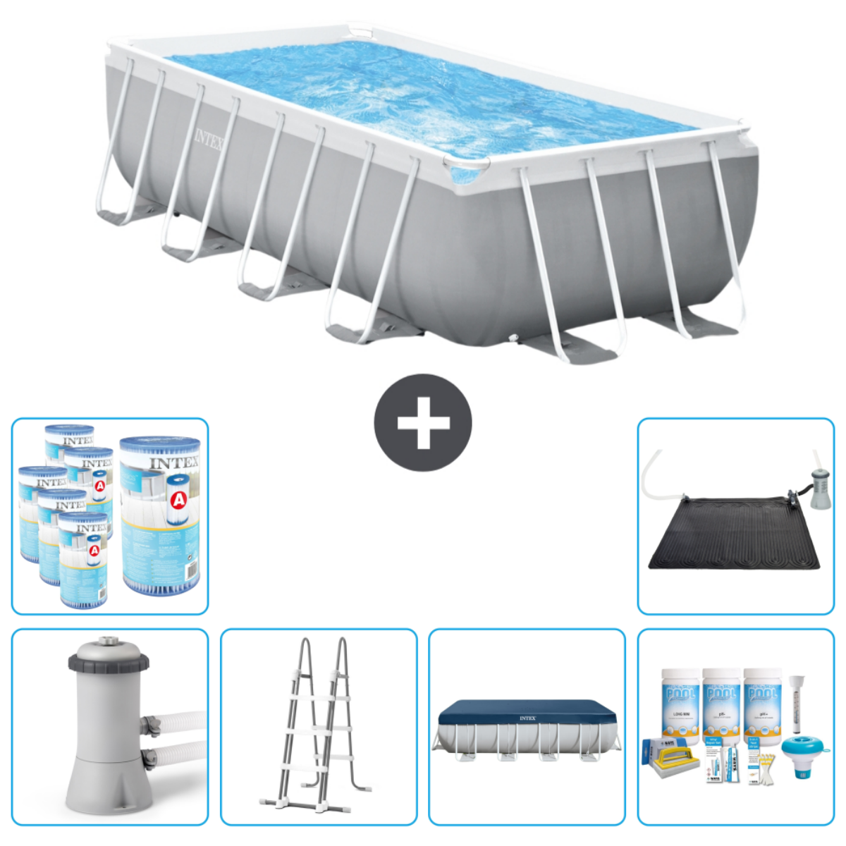 Grey Intex pool with water. Includes chemicals, ladder, and cleaning accessories.