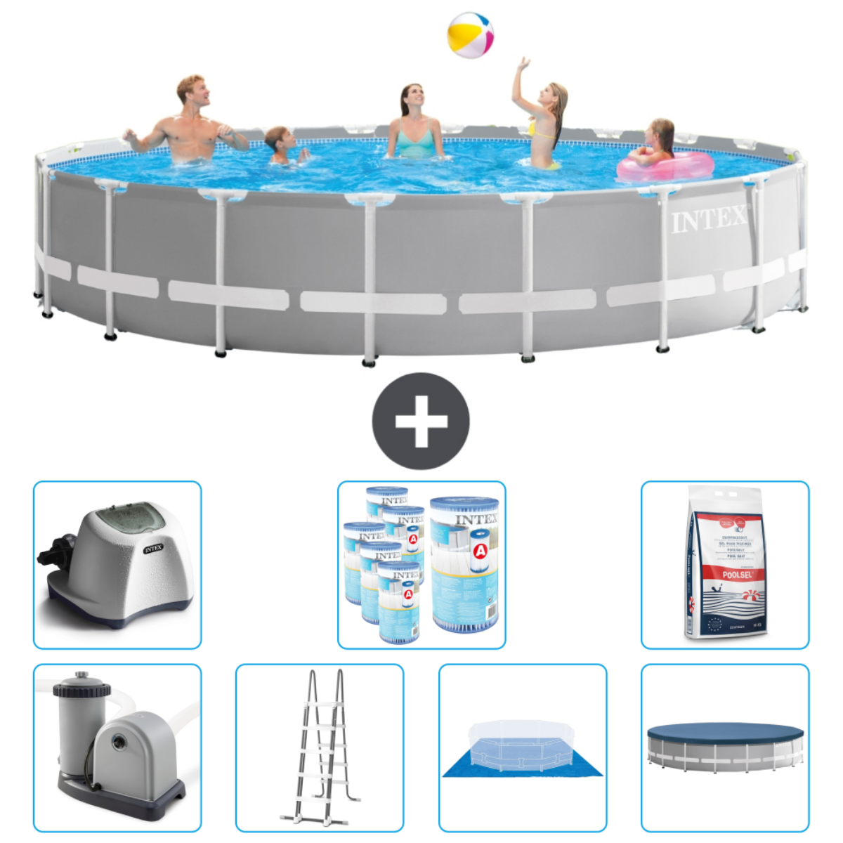 Piscine ronde Intex avec personnes nageant. Inclut accessoires, filtre et couverture. Gens jouent au ballon.