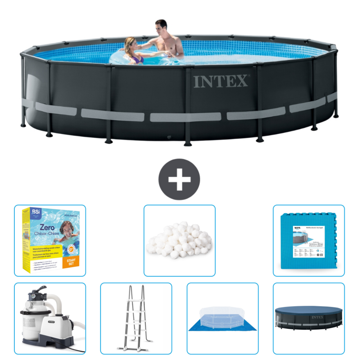 Rectangular Intex pool with people. Includes accessories, filter, cover, and chemical set. People are swimming.