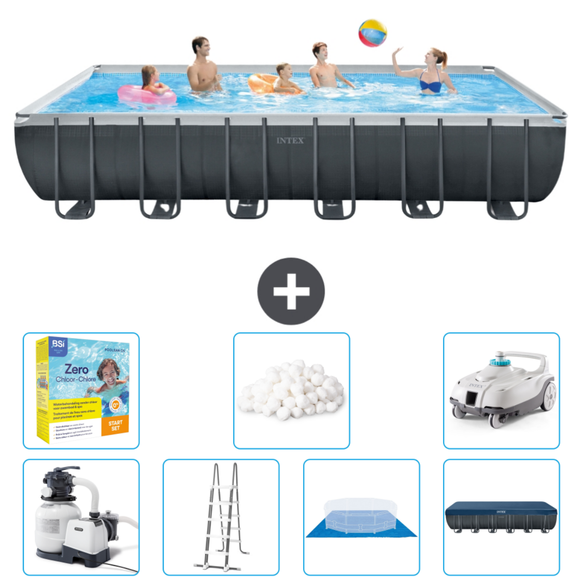 Personnes dans une piscine rectangulaire avec accessoires, dont un robot de nettoyage et une échelle.