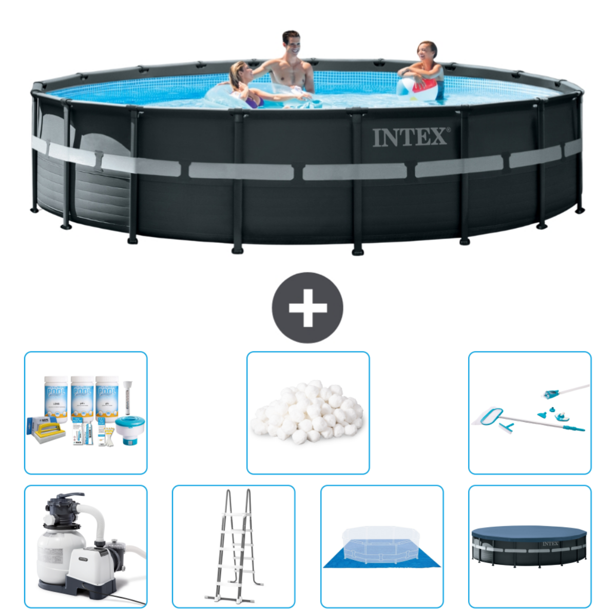 Mensen in het zwembad, accessoires getoond. Zwart zwembad met Intex logo. Chloor en ladder.