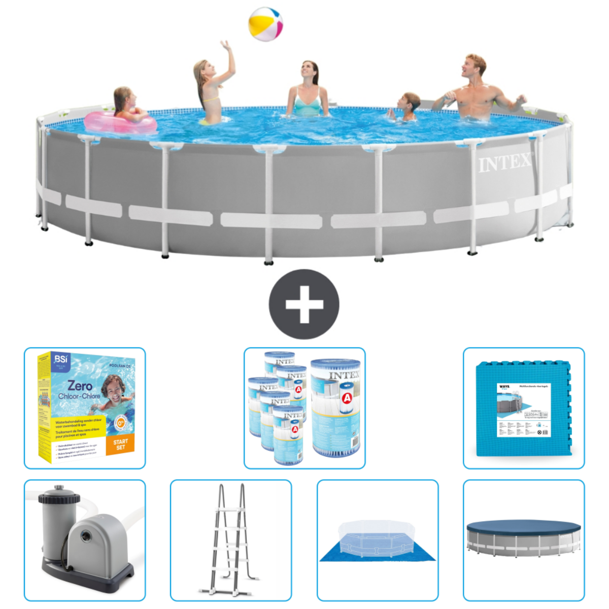 Mensen in een grijs Intex zwembad. Accessoires: chemicaliën, ladder, filter, afdekking en schuimmat.