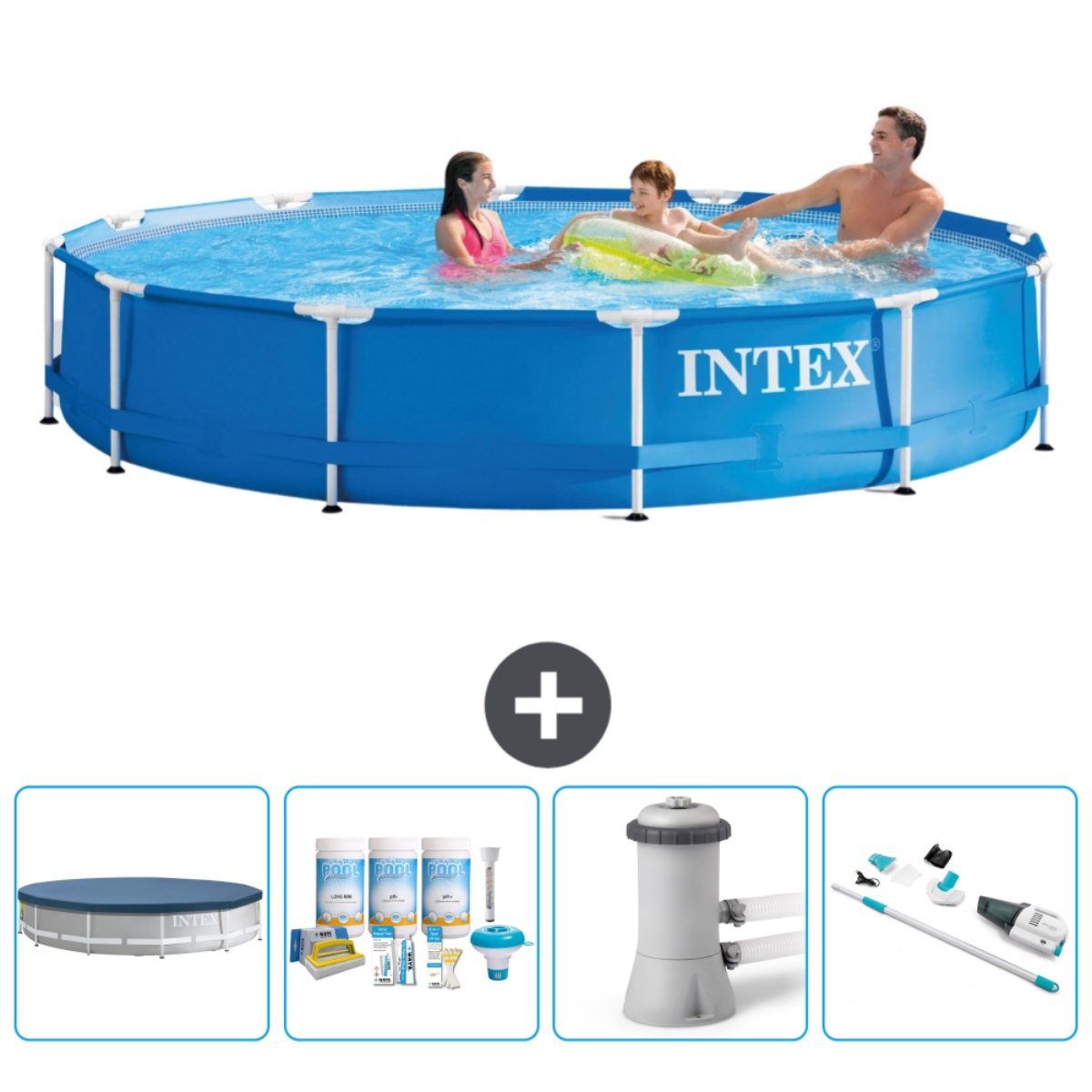 Personen in einem blauen runden Pool mit Zubehör wie Chemikalien, Pumpe und Abdeckung.