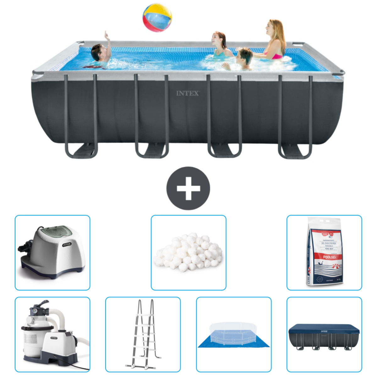 Mensen in een zwembad met een bal. Zwembad en accessoires hieronder.