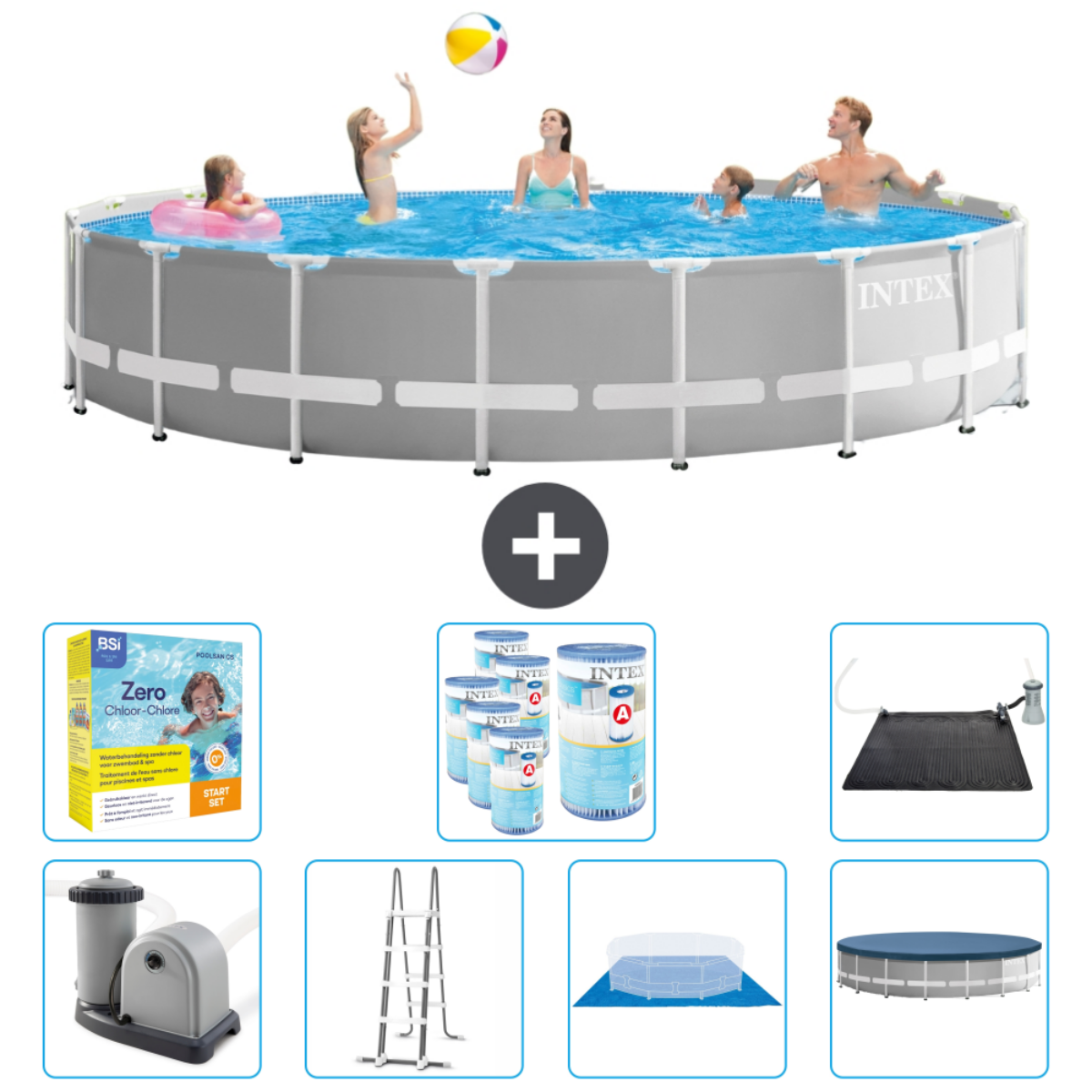 Grijze Intex-zwembad met mensen. Inclusief bal, chemicaliën, ladder en accessoires.