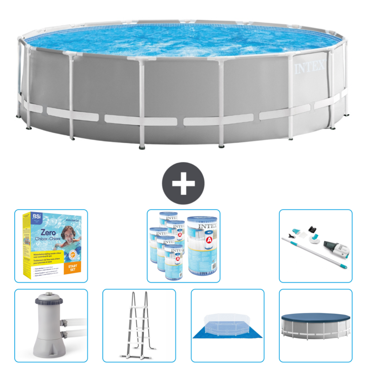 Rond Intex zwembad met accessoires. Inclusief chemicaliën, filter, afdekzeil en ladder. Klaar voor gebruik.