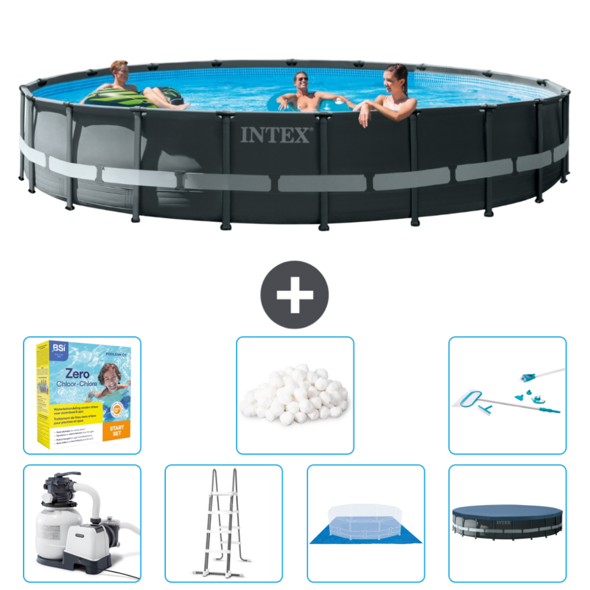 Mensen in het zwembad. Zwart zwembad met Intex logo. Zwembadaccessoires worden getoond.