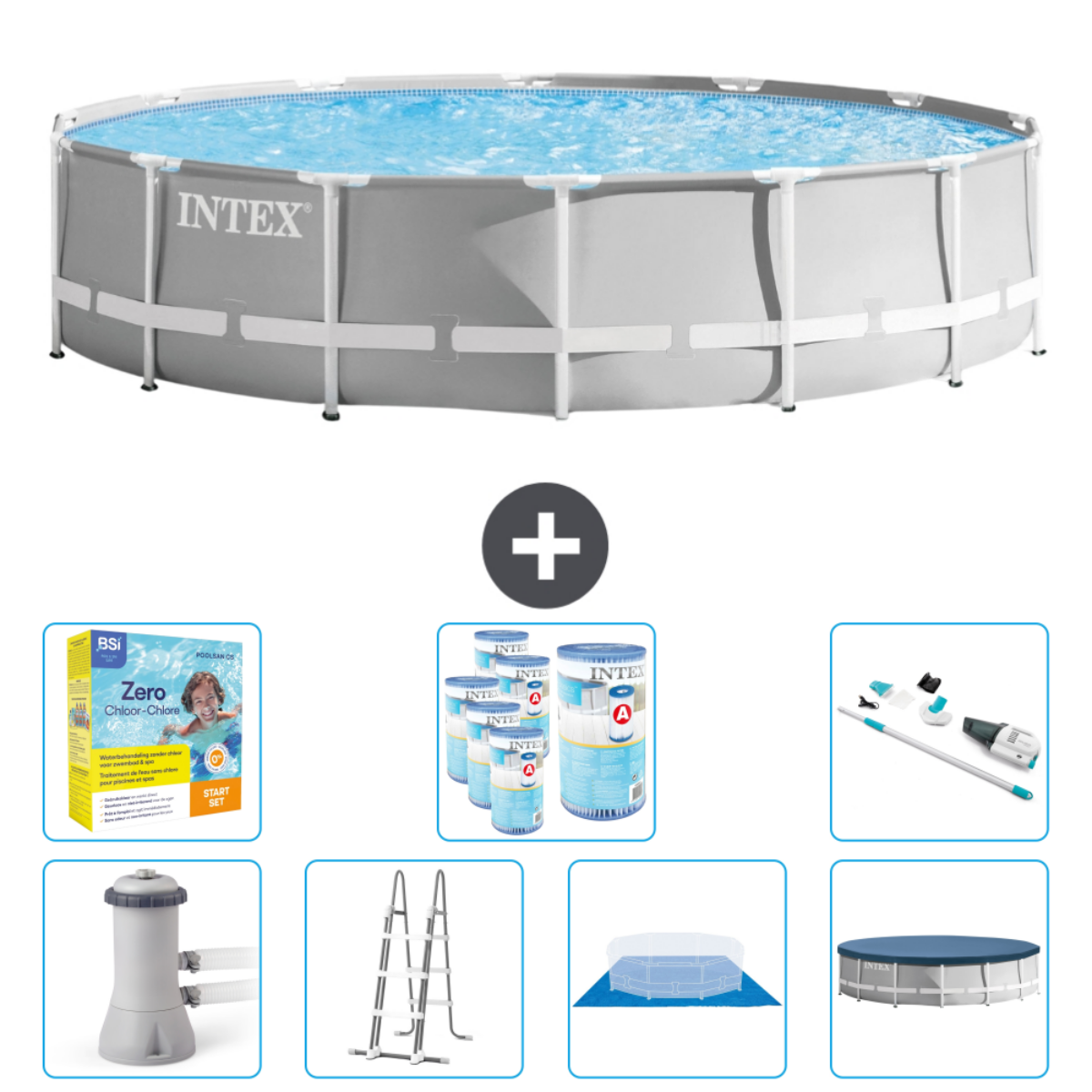 Grijze Intex metalen frame zwembad met accessoires. Accessoires: chemicaliën, filter, ladder en zwembadafdekking.