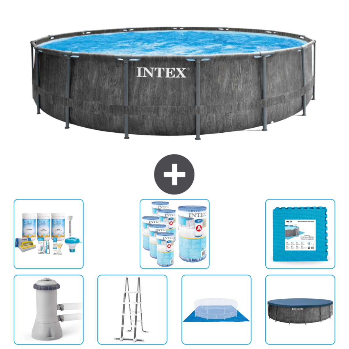 Piscine ronde avec accessoires. Les accessoires incluent des fournitures de nettoyage, un filtre, une échelle, une couverture, etc.