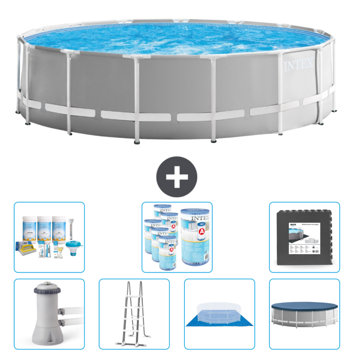 Une piscine avec des gens. Piscine et accessoires ci-dessous.
