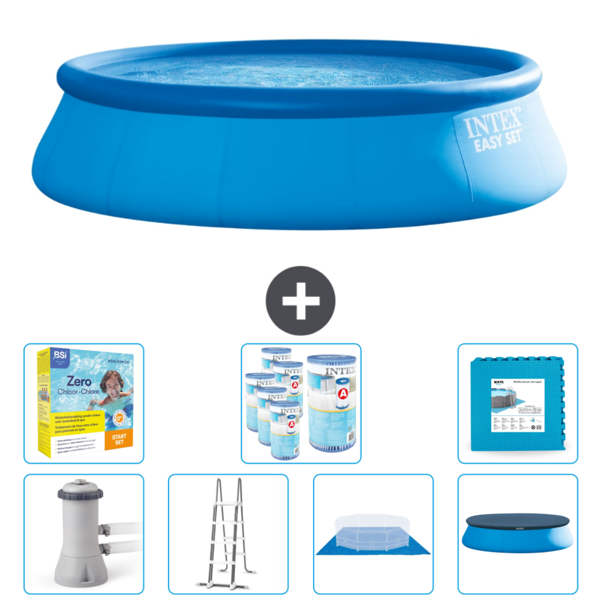 Piscine Intex ronde bleue avec accessoires. Comprend filtre, produits chimiques et couverture. Fond blanc.