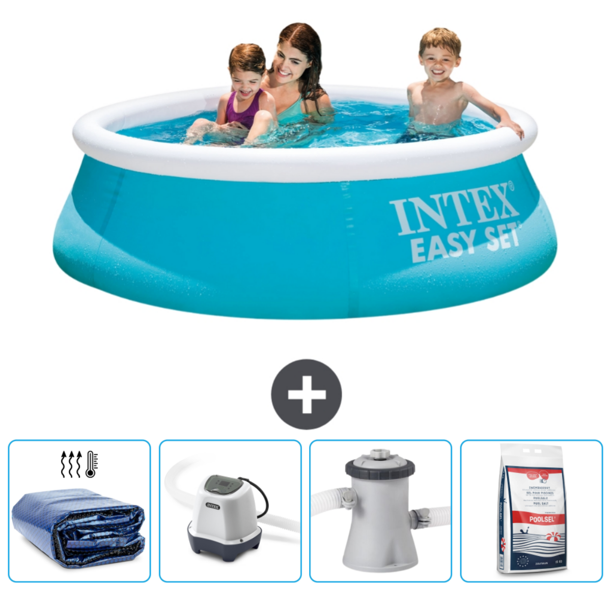Piscine bleue Intex Easy Set avec trois personnes nageant, accessoires : couverture solaire, pompe, produits chimiques.