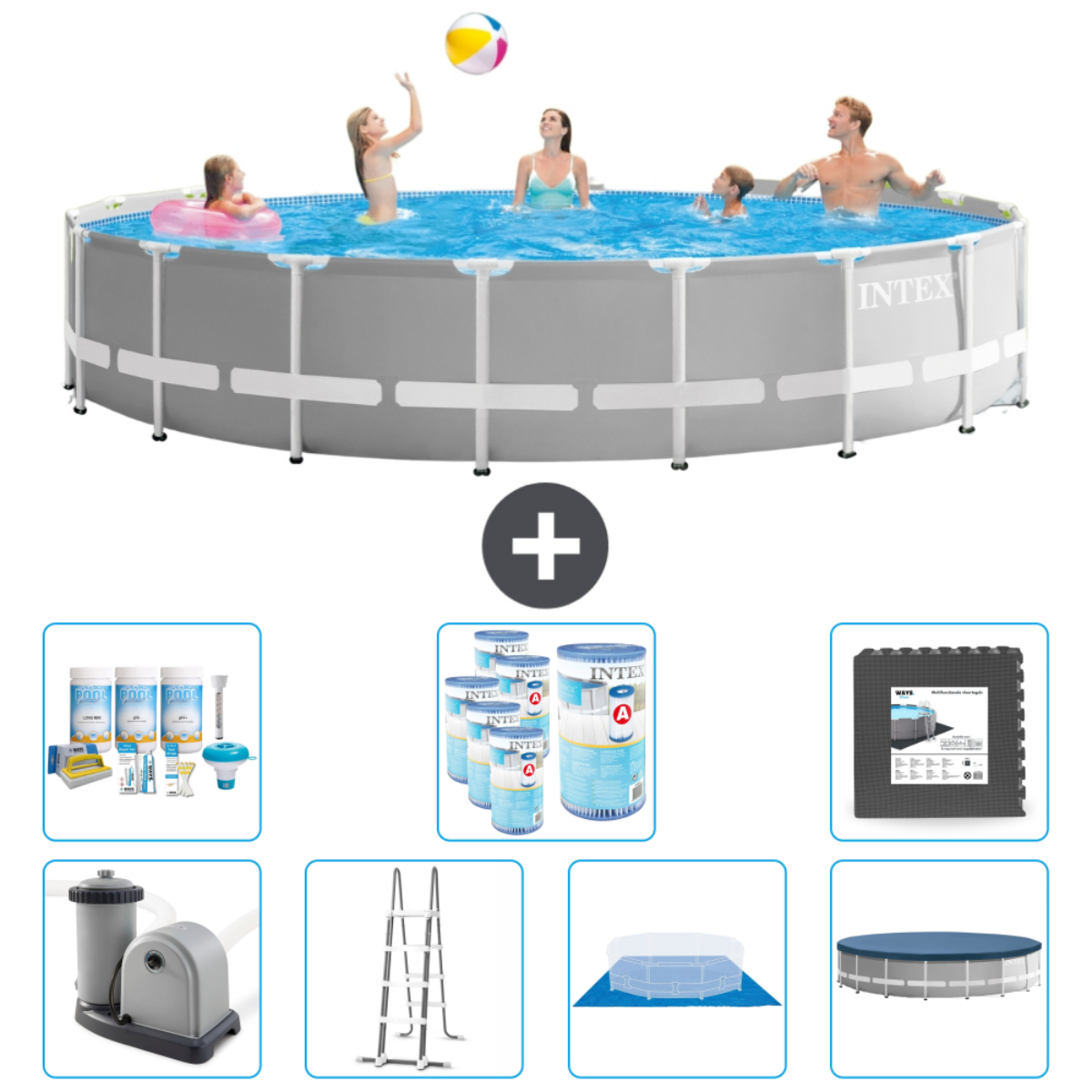 Des gens jouent dans une piscine Intex. Accessoires : produits chimiques, outils de nettoyage, filtre, échelle, couverture et tapis sont montrés.
