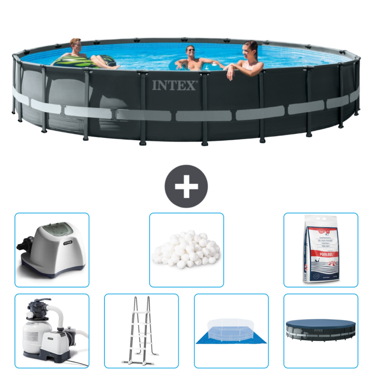 Des gens dans une piscine Intex sombre, plus une gamme d'accessoires et fournitures.