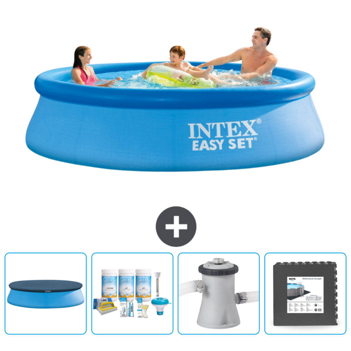 Familie in Intex-zwembad met accessoires. Inclusief afdekzeil, chemicaliën, filter en matten.