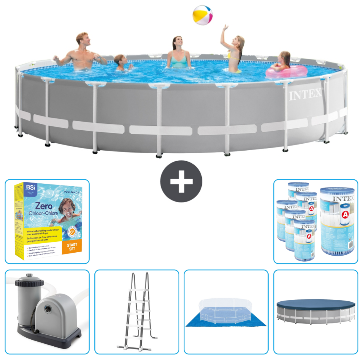 Piscine Intex grise. Des gens dedans. Accessoires incluent nettoyage et maintenance.