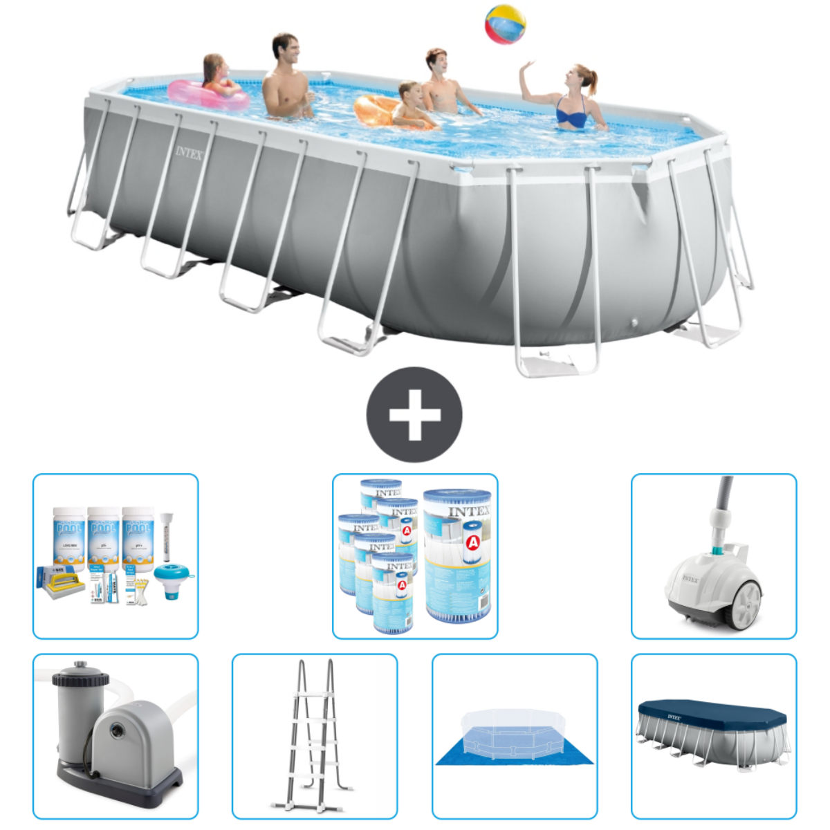Mensen in rechthoekig zwembad met accessoires. Grijs zwembad met Intex logo. Chloor en zwembadstofzuiger.