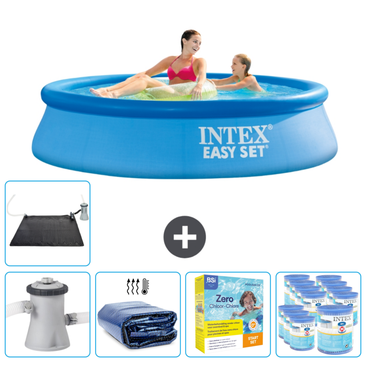Piscine Intex Easy Set bleue avec deux femmes à l'intérieur. Accessoires incluent bâche solaire et produits.
