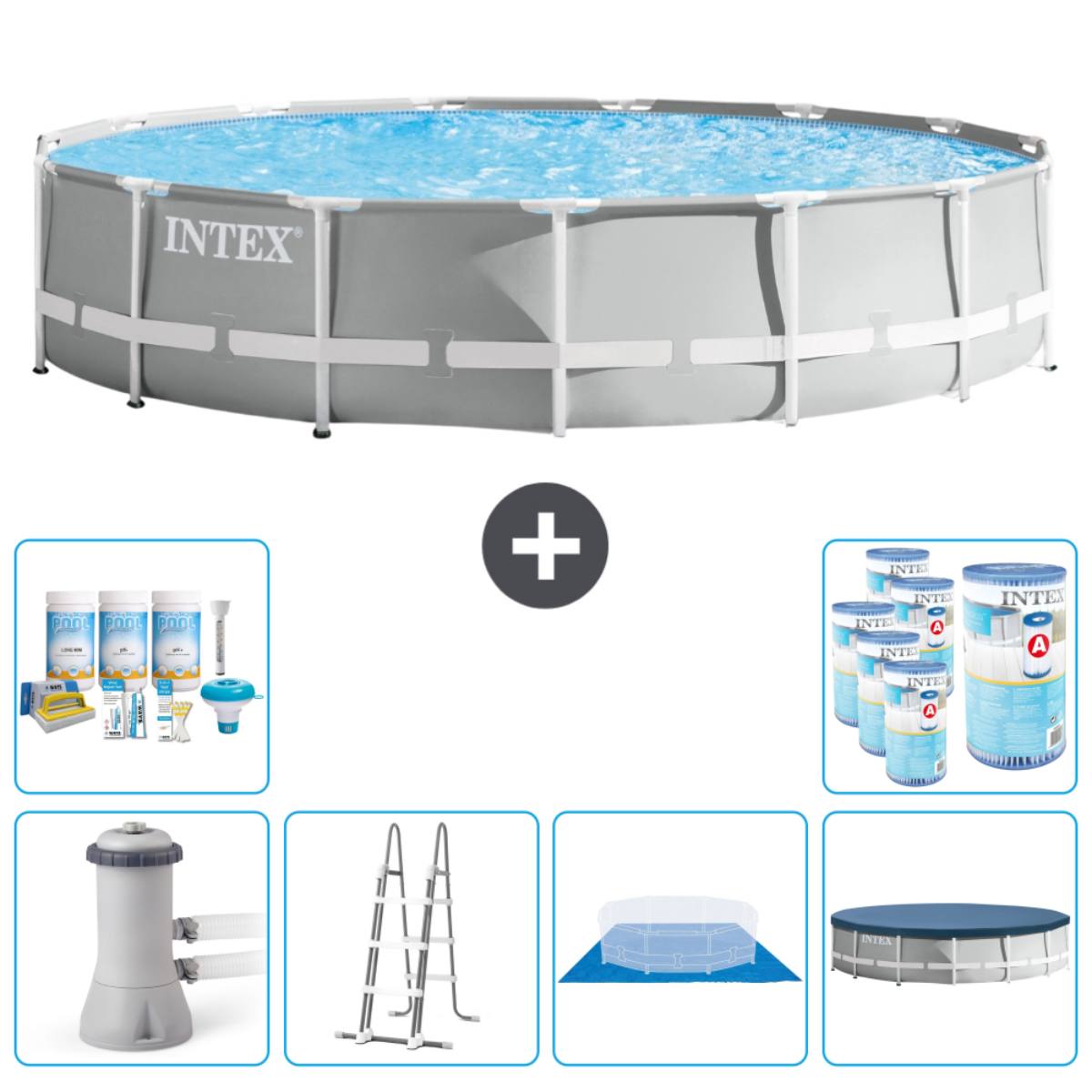 Grijze Intex-zwembad met water. Inclusief chemicaliën, ladder en reinigingsaccessoires.