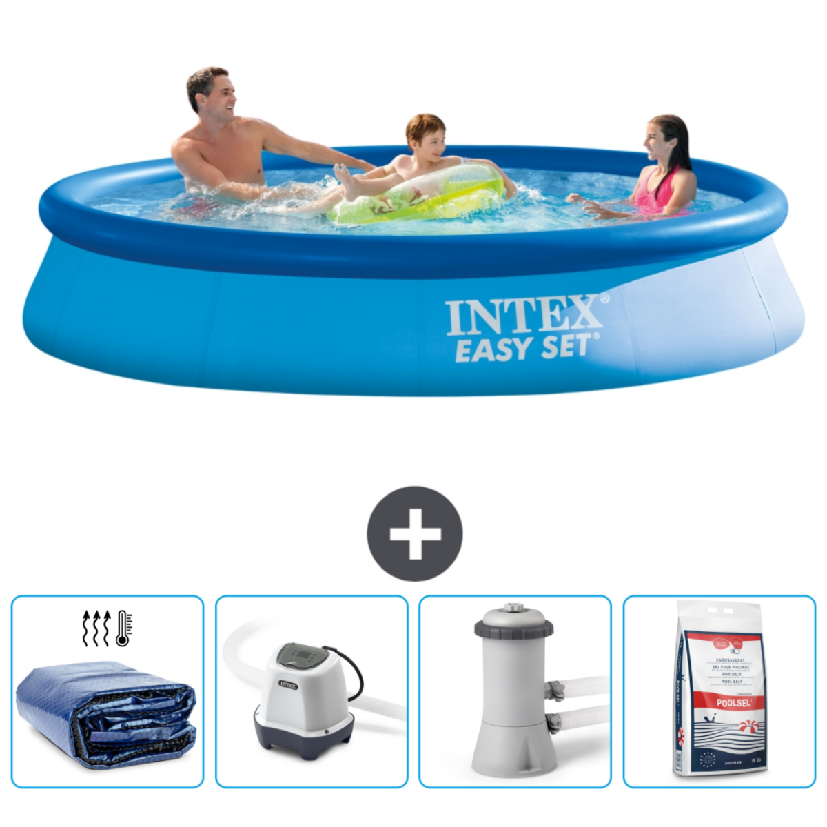 Blauw Intex Easy Set zwembad met mensen, accessoires. Inclusief: afdekking, verwarming, pomp en chemicaliën.