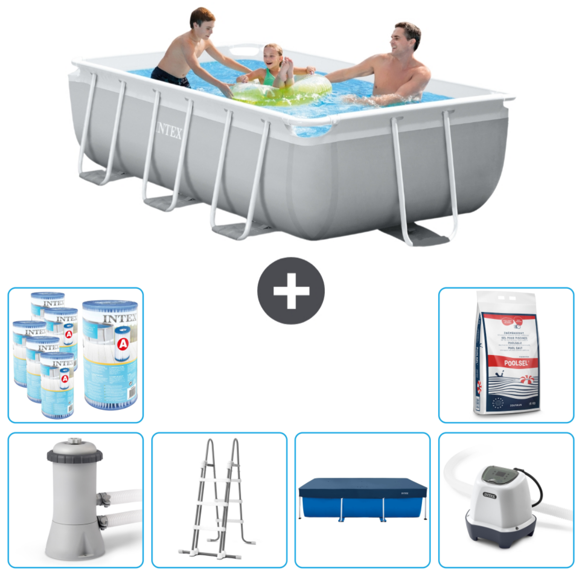 Mensen in een rechthoekig Intex zwembad, met accessoires zoals een hoes, pomp en zout.