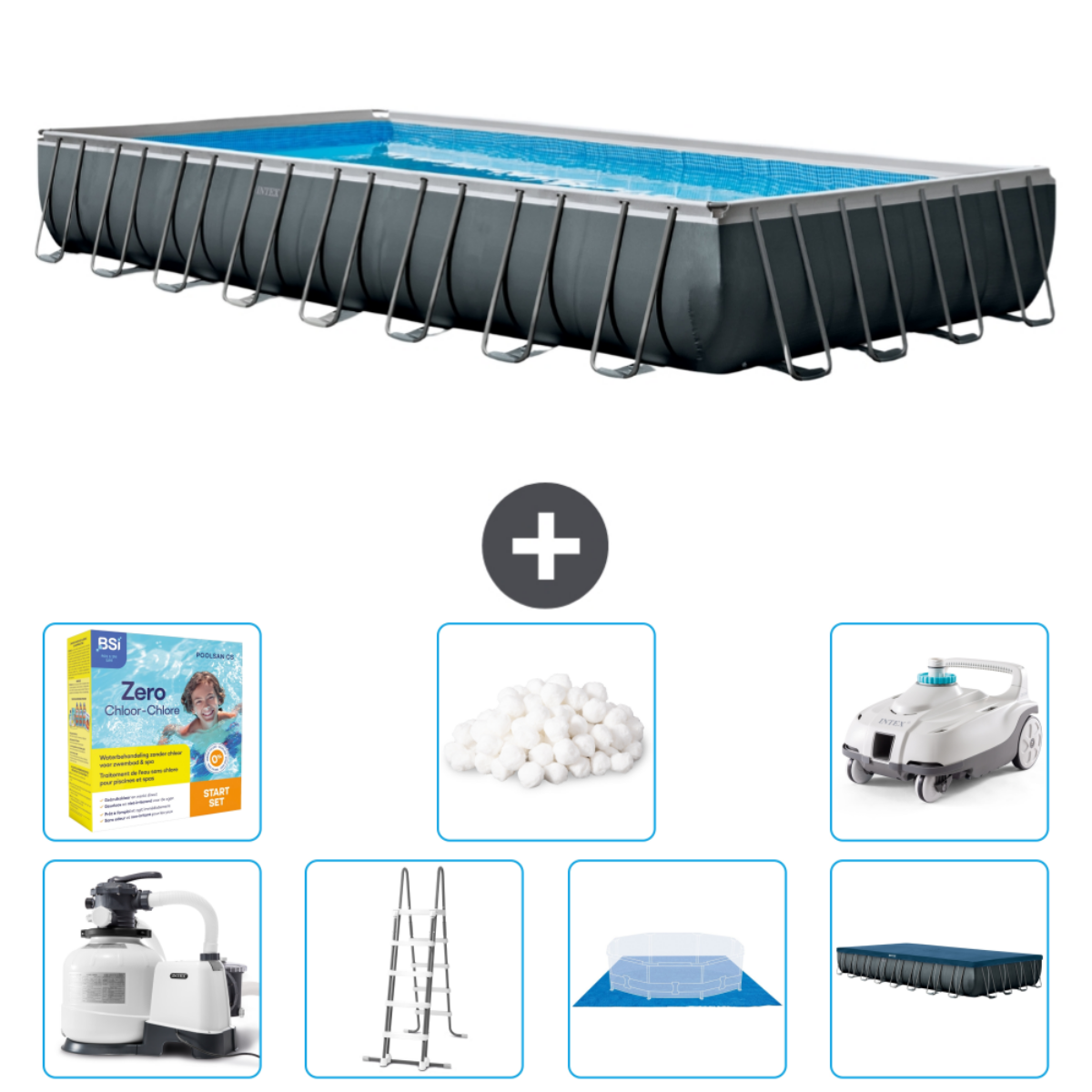 Rechthoekig zwembad met mensen. Accessoires: schoonmaak, chemicaliën en ladder.