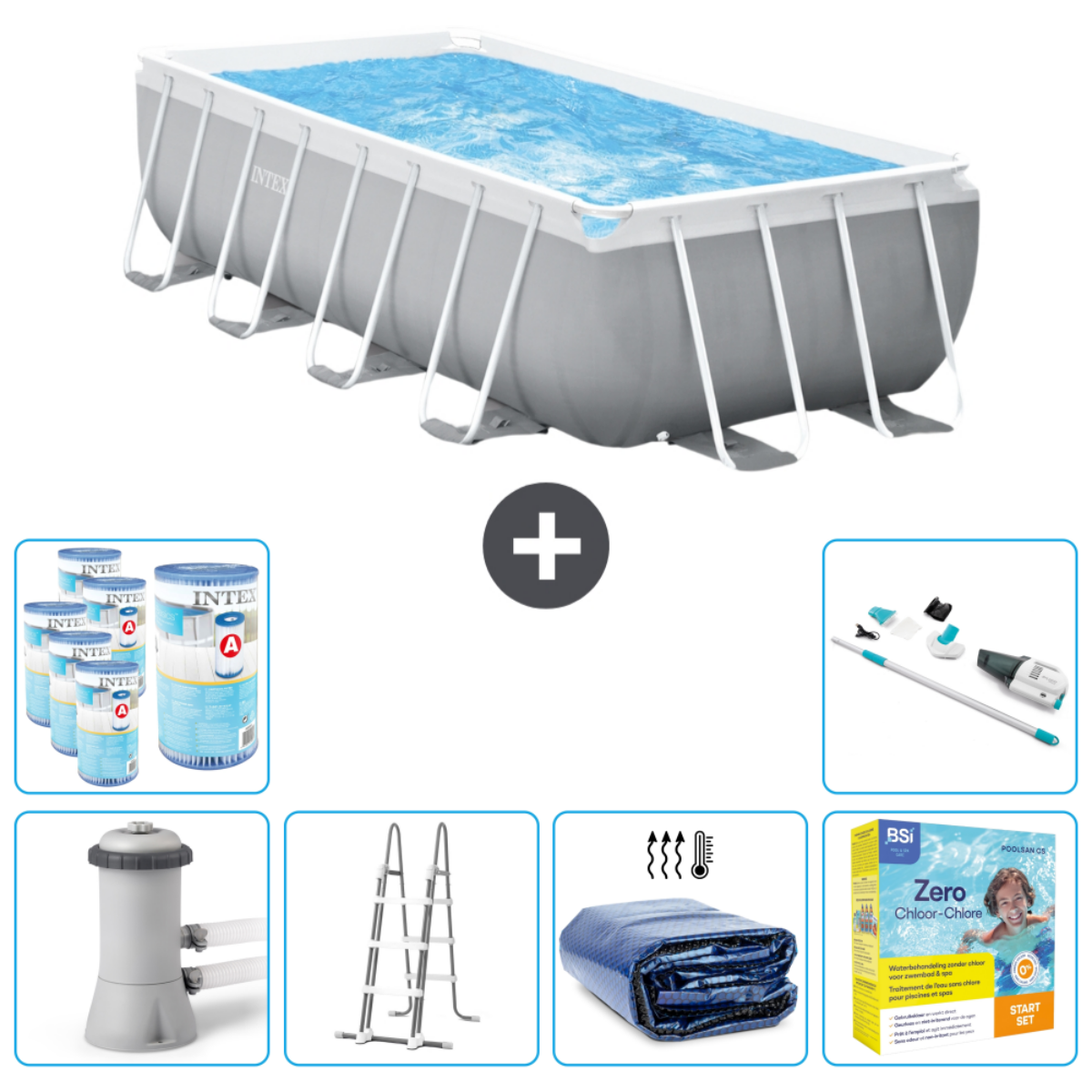 Rectangular pool with accessories. Pool is gray, Intex logo. Chemicals and pool cover is shown.