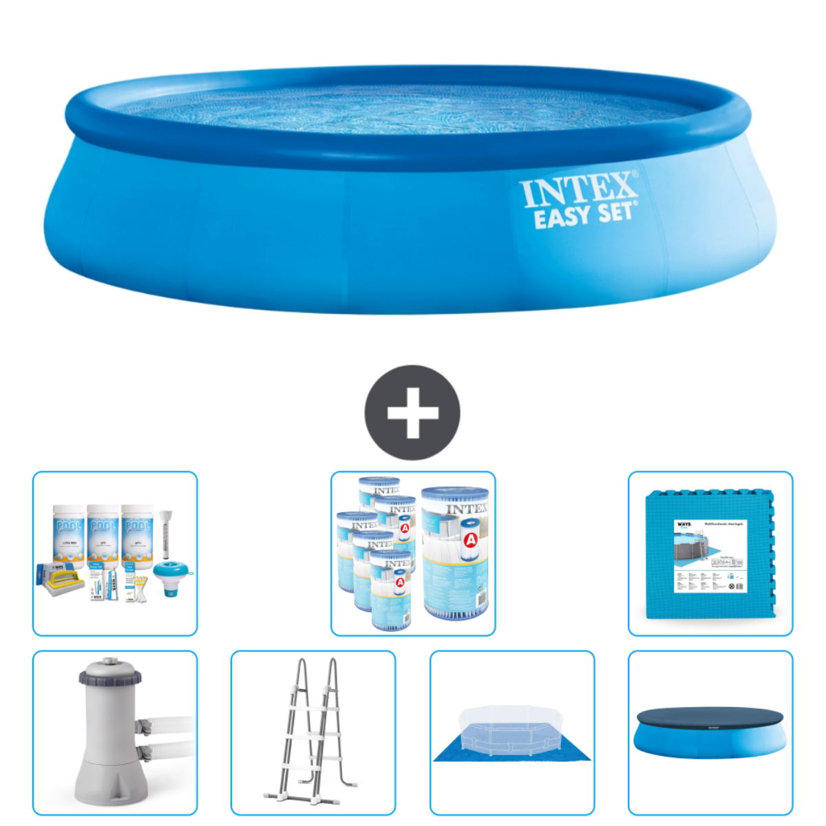 Mensen in een Intex Easy Set zwembad, plus zwembadaccessoires. Chemicaliën, schoonmaakgereedschap, filter, ladder en mat worden getoond.