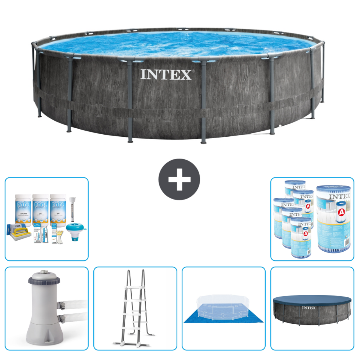 Round pool with accessories. Includes chemicals, filter, pump, and cover.