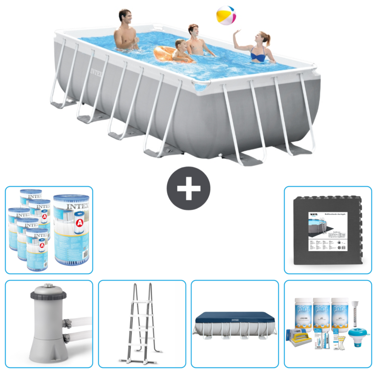 Grey rectangular pool with people playing in water. Accessories: chemicals, pump, ladder, and floor mats.