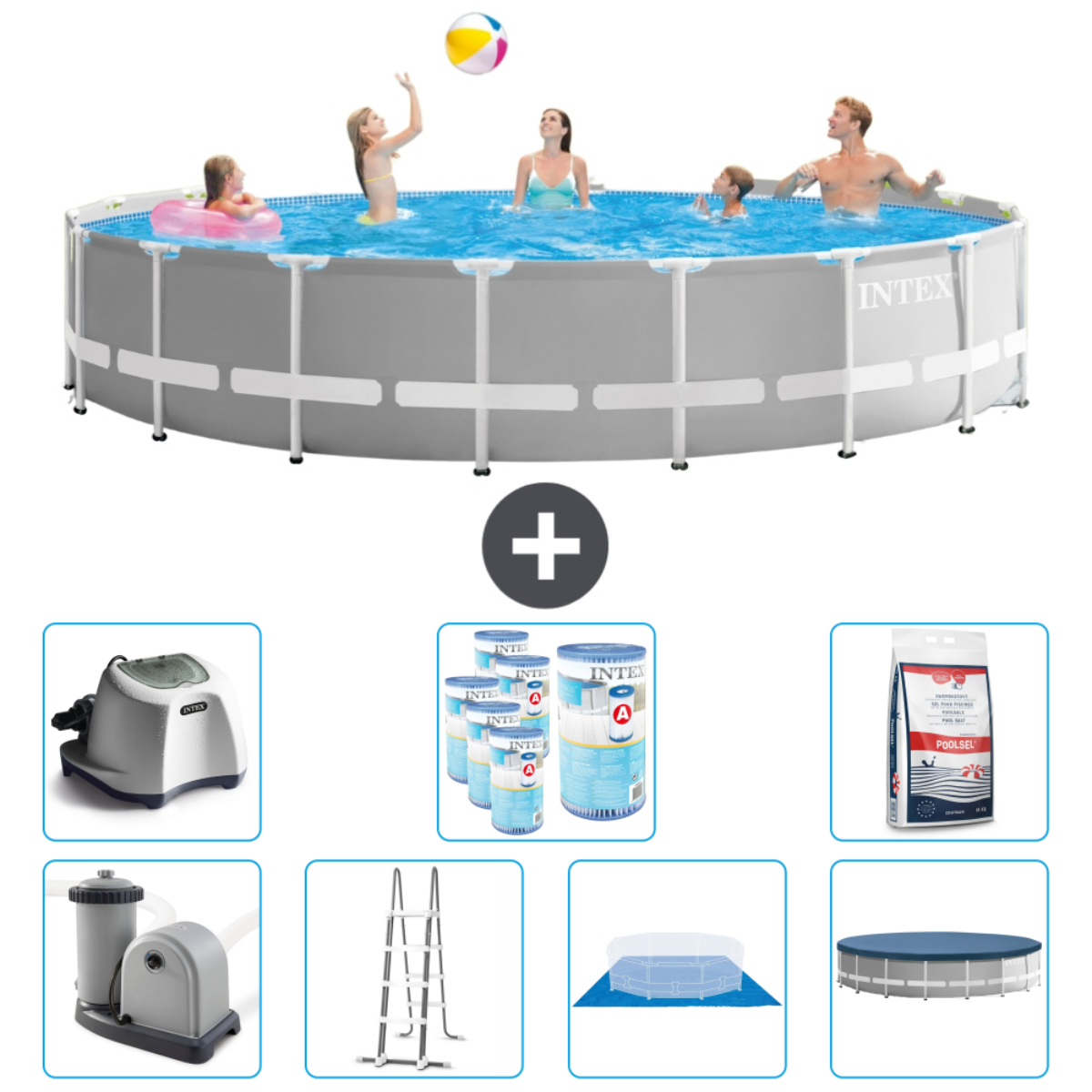 Mensen in een zwembad spelen met een bal. Zwembadaccessoires zijn ook afgebeeld.
