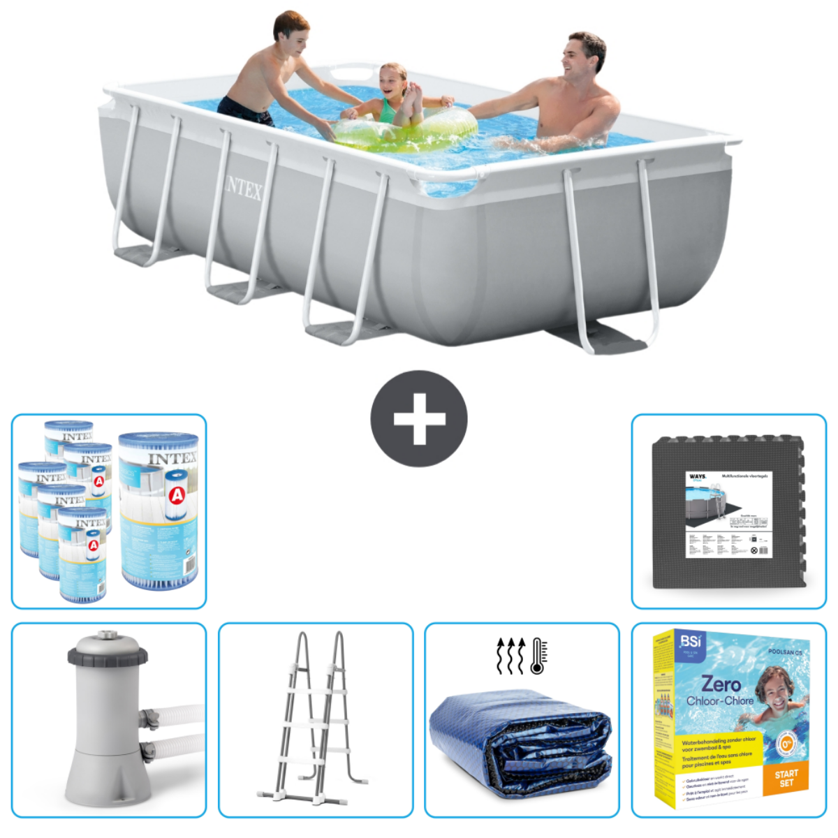 Mensen in een rechthoekig zwembad met accessoires zoals chemicaliën, een ladder en een hoes.