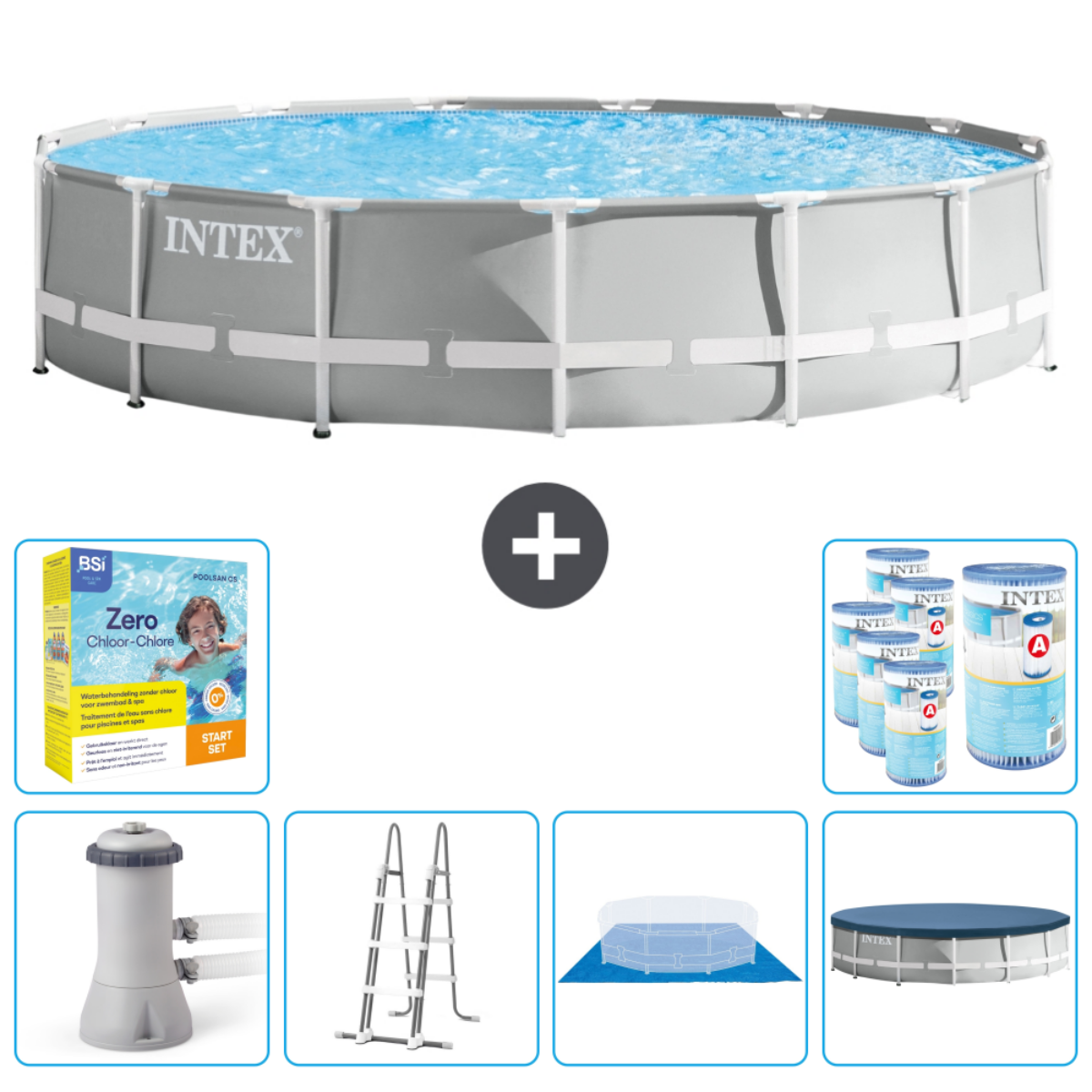 Zwembad met mensen, met chemicaliën, filter, ladder, afdekzeil en andere accessoires.