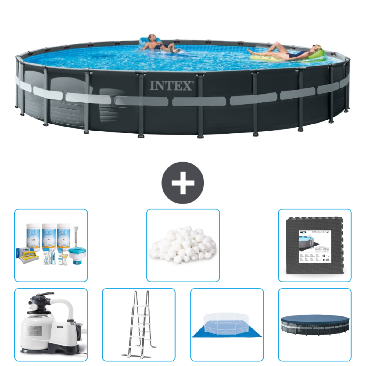 Intex-zwembad met mensen en accessoires. Inclusief chemicaliën, pomp en ladder.