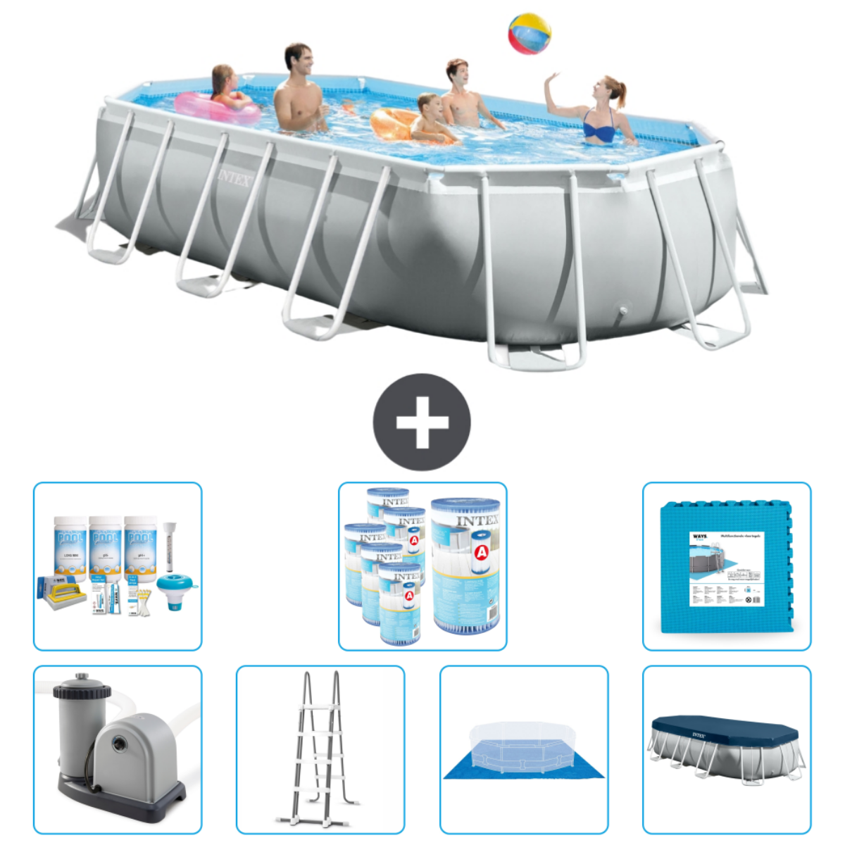 Mensen in een zwembad. Accessoires zijn schoonmaakartikelen, filter, ladder, hoes en meer. Het zwembad is grijs.