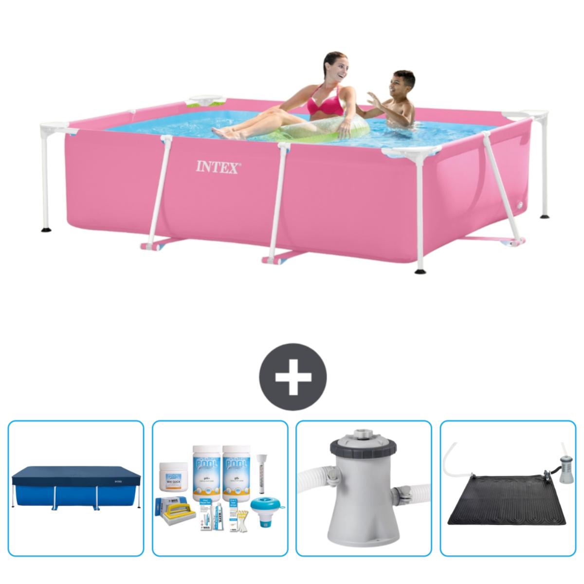 Roze, rechthoekig zwembad met zwemmende mensen. Accessoires: afdekzeil, chemicaliën en pomp.