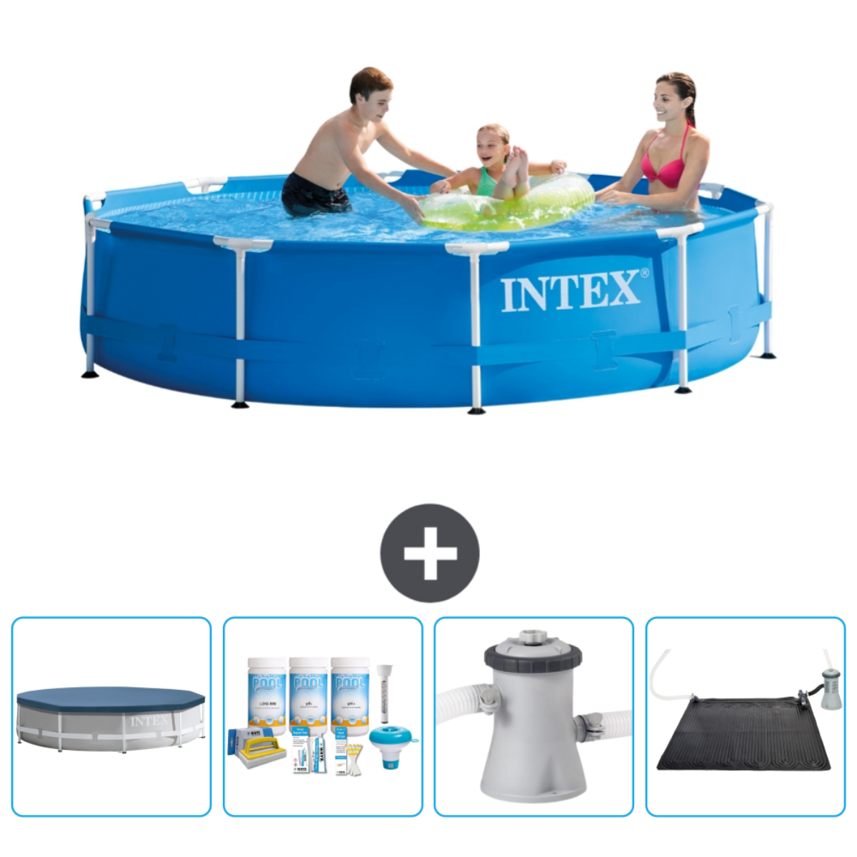 Mensen in een blauw zwembad met accessoires. Mensen in een blauw zwembad, accessoires en zwembad.