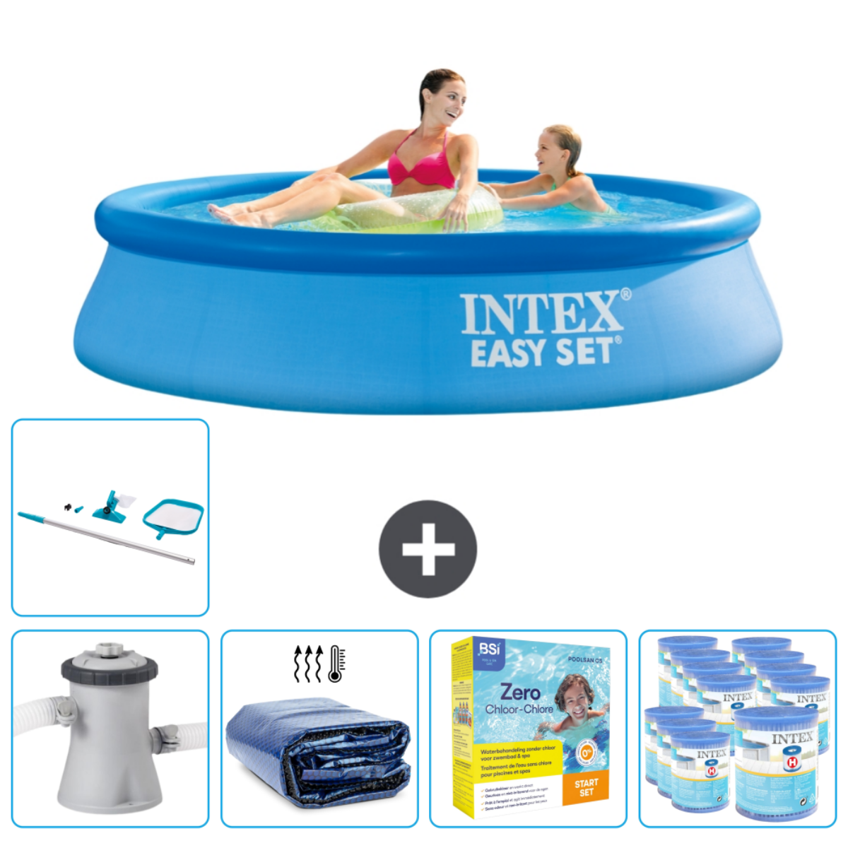 Piscine ronde bleue avec personnes. Accessoires : filtre, couverture, produits chimiques, pompe.