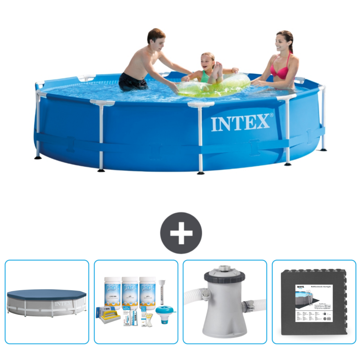 Mensen in een blauw Intex-zwembad, aan het spelen. Zwembadaccessoires: chemicaliën, filter en mat worden getoond.