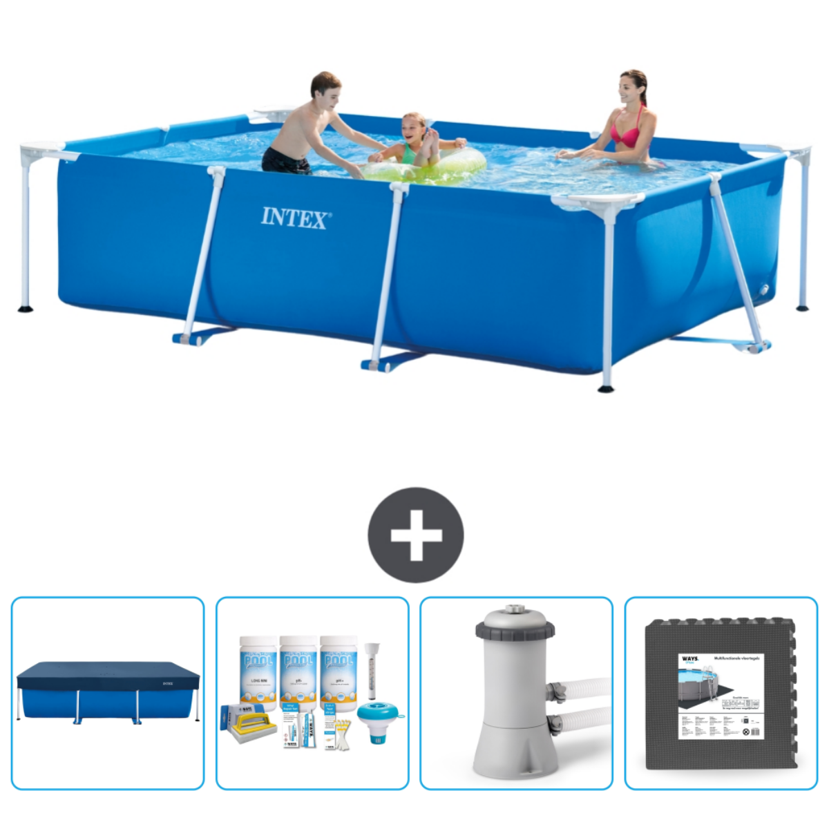 Mensen in een blauw rechthoekig zwembad met accessoires, waaronder chemicaliën en matten.