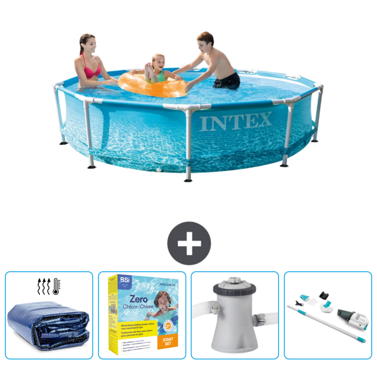 Intex zwembad met mensen, plus accessoires.