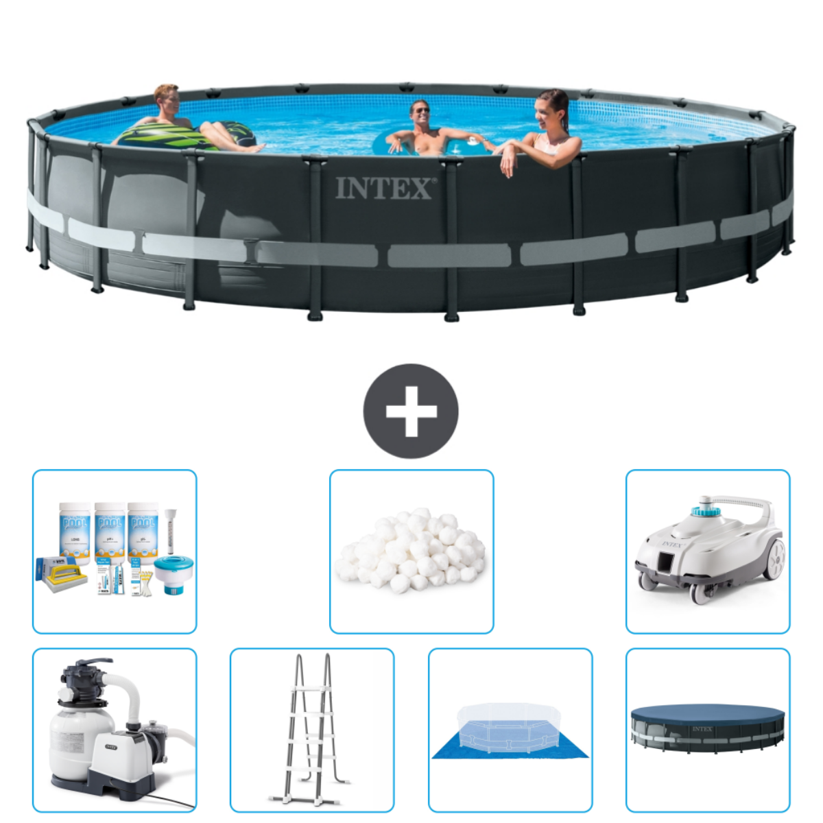 Piscine avec personnes, plus produits chimiques, filtre, échelle, bâche et un nettoyeur robotique.